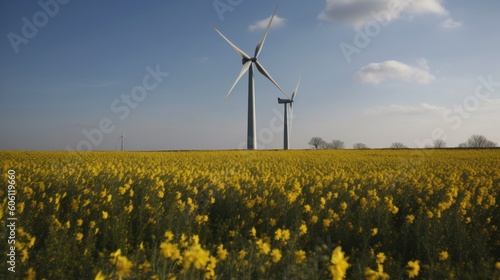 Wind turbine in a yellow flower field, Alternative energy. Generative AI © Natee Meepian