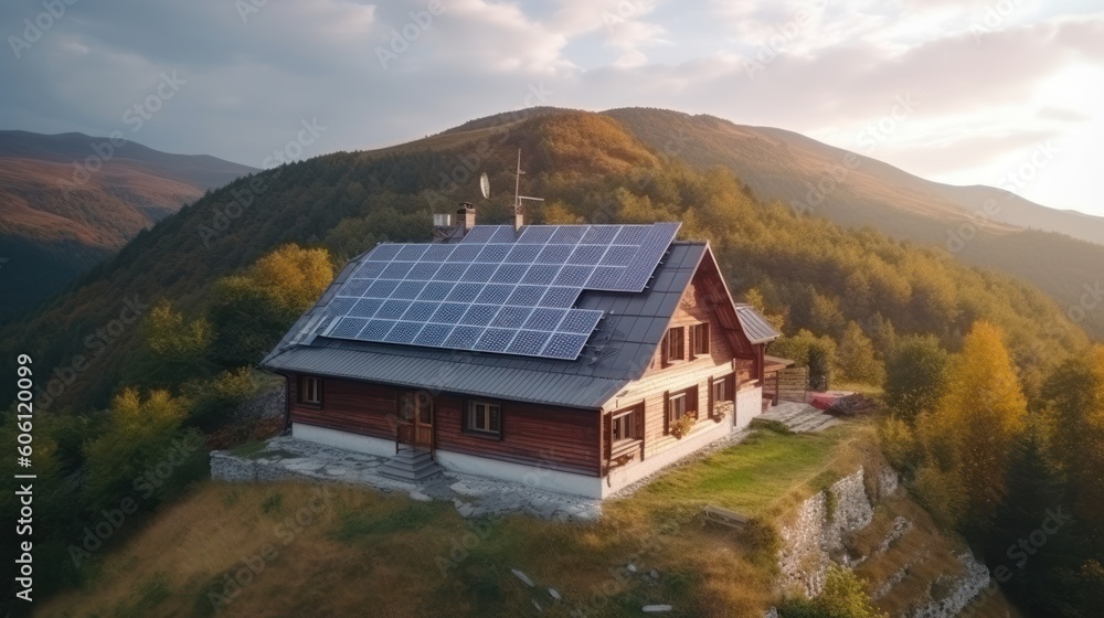 eco-friendly house with solar panels on the roof surrounded by green nature. Generative AI