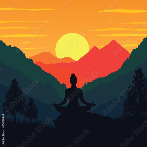 Silhouette of a woman meditating in the mountains at beautiful sunrise 