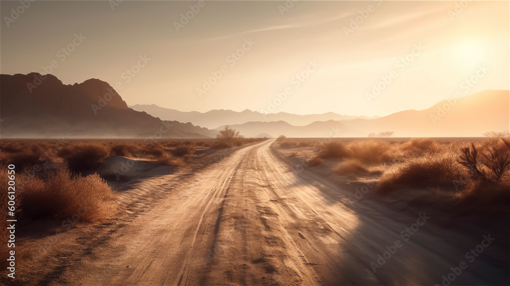 a dusty unpaved road leads into the endless expanse, generative AI