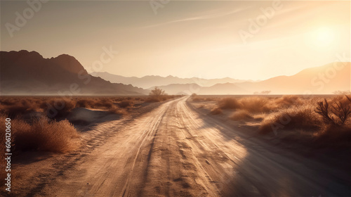 a dusty unpaved road leads into the endless expanse, generative AI © Marcus Jacobi