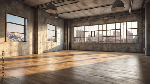 An empty room with wooden floors and large windows. Generative AI.