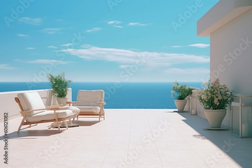 Luxury sea view apartment terrace. Modern interior with light furniture. Beautiful hotel terrace for relaxation. Summer vacation, holiday.  AI Generative. © Olena Druz