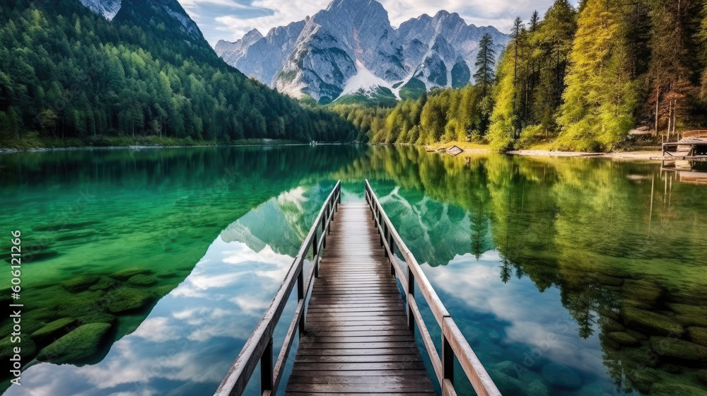 Lake with beautiful reflections of the mountains. Generative AI Lake with beautiful reflections of the mountains. Generative AI