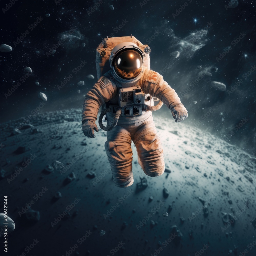 custom made wallpaper toronto digitalan Astronaut floating through space, feeling weightless, moon background, Spaced -themed, photorealistic illustrations in a JPG. generative ai