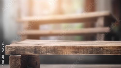 Reclaimed wood table top with a light blurred background. template for designers. Generative AI