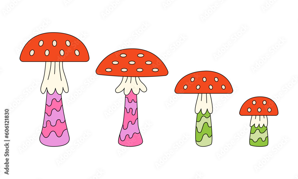 Set of red mushrooms fly agaric on isolated background. Vector flat illustration in groovy style. Hippie nostalgic aesthetic. Funny and cute fungus illustration