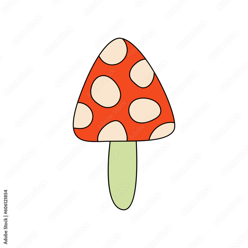 Small cute fly agaric mushroom on isolated background. Vector flat illustration in groovy style. Hippie nostalgic aesthetic. Funny and cute fungus illustration