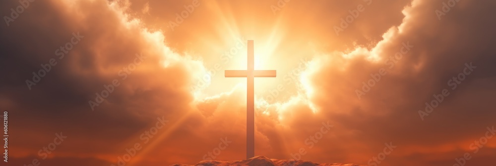 Cross with sunset in the sky background. Generative AI