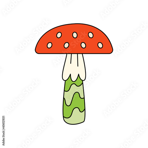 Red mushroom fly agaric on isolated background. Vector flat illustration in groovy style. Hippie nostalgic aesthetic. Funny and cute fungus illustration