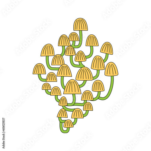 Vector illustration of coprinellus disseminatus mushrooms on isolated background. Retro 1970 style groovy psychedelic fairy inkcap fungus photo