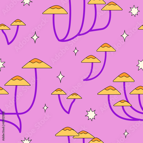 Seamless pattern with honey agaric mushrooms and stars. Magical 1970 style groovy psychedelic vector background