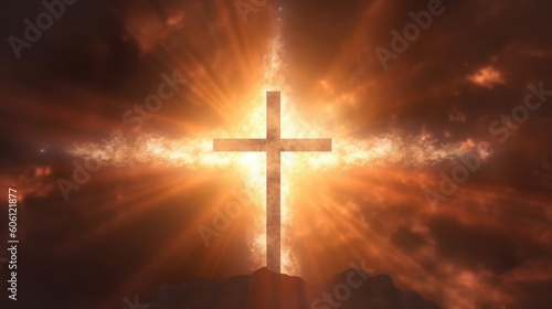 Cross with sunset in the sky background. Generative AI