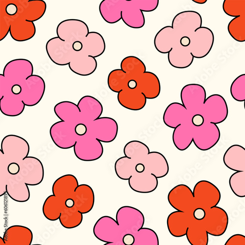 Cute hippie and groovy seamless pattern with colorful daisy flowers. Retro floral background