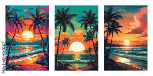 Set of beach landscapes in the evening. Vector illustration background for poster, flyer, cards, web.