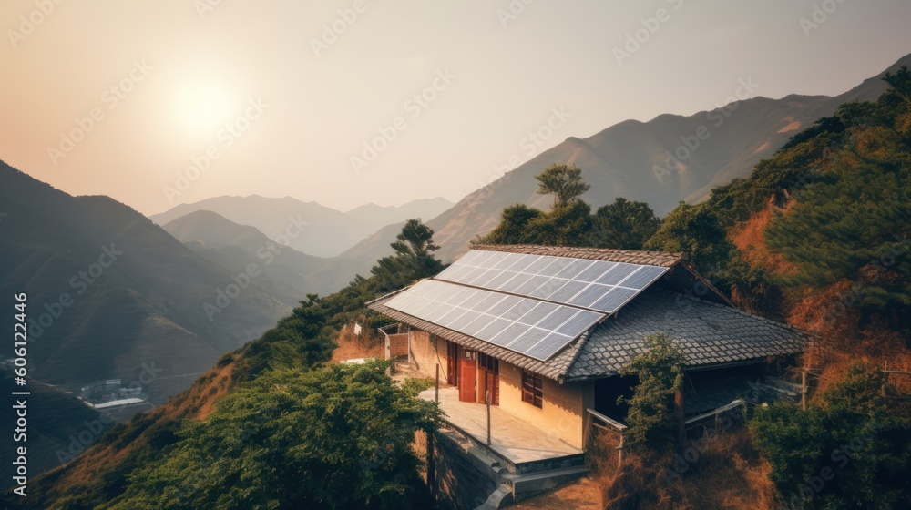 eco-friendly house with solar panels on the roof surrounded by green nature. Generative AI