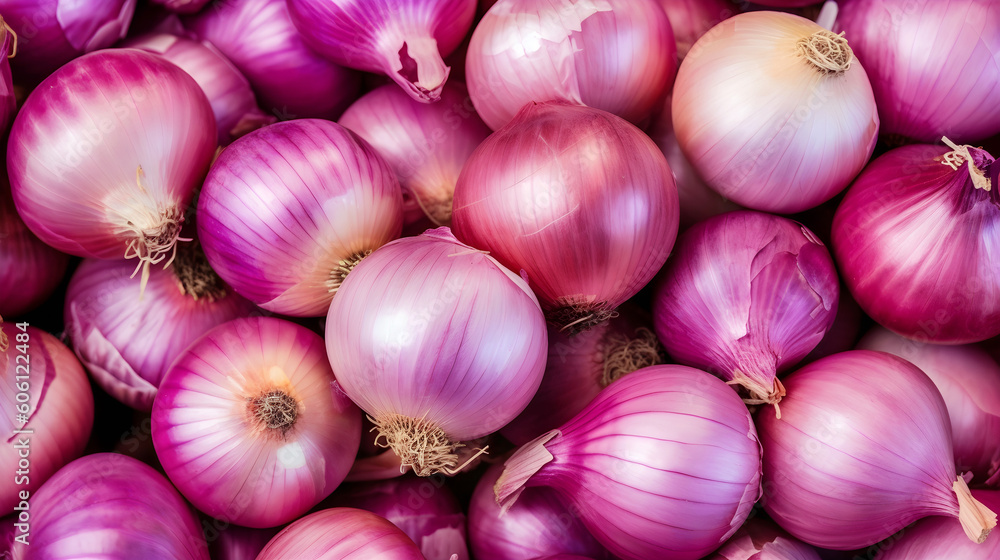 Red onions background. Top view