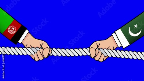 Pakistan vs Afghanistan. Tug of war. Corporate conflicts. Two Businessmen Pulling Opposite Ends of Rope,  Concept of business competition. 4K Loopable. Animation, Alpha channel, Chroma key. 