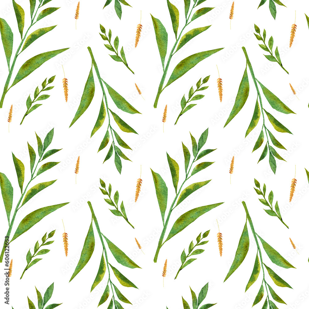 Fototapeta premium Watercolor illustration.Pattern with twigs with green leaves