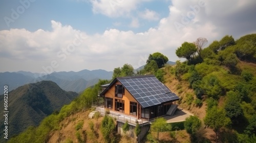 eco-friendly house with solar panels on the roof surrounded by green nature. Generative AI