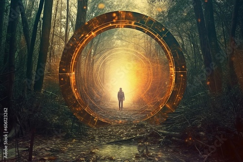 Man in Dark Forest Facing Glowing Portal Indicating  End of Tunnel  - AI Generative.