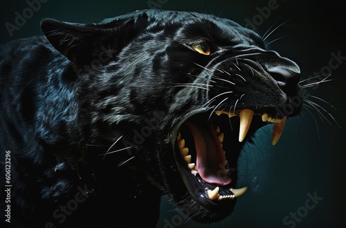 The predatory black panther gets angry and growls.