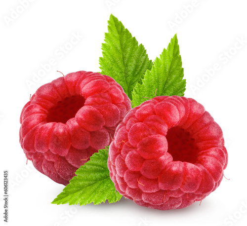 Raspberry isolated. Two ripe raspberries with leaves on a white background.