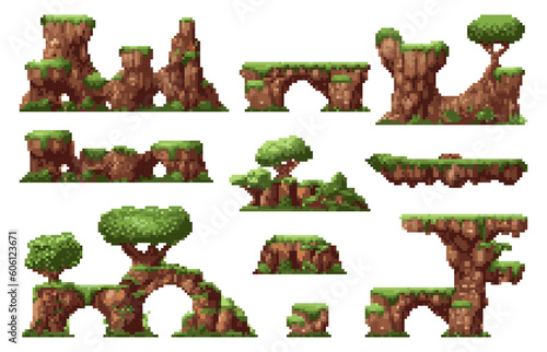 pixel art game grass platforms. pixelated game islands. Land and game props. mountains and trees. Retro 8-bit sprite. Vector isolated set