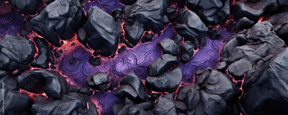 a Abstract Horizontal background, flowing orange lava around black rocks with purple colors. Lava Flow, dark matter. Liquid flow texture. Fluid art, photorealistic illustrations in JPG. Generative AI