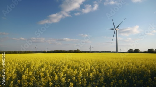 Wind turbine in a yellow flower field, Alternative energy. Generative AI