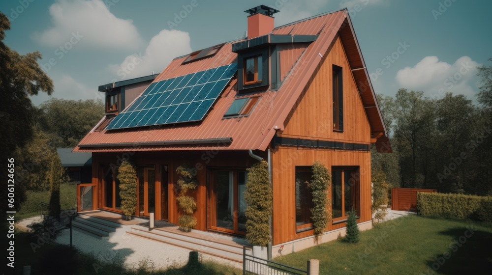 Alternative green energy, solar panels on the roof top of the house. Generative AI Alternative green energy, solar panels on the roof top of the house. Generative AI