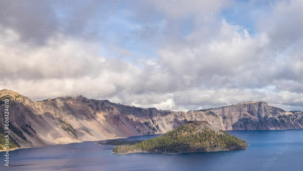 Time lapse of puffy clouds moving across the sky above Crater Lake in Oregon Time lapse of puffy clouds moving across the sky above Crater Lake in Oregon
