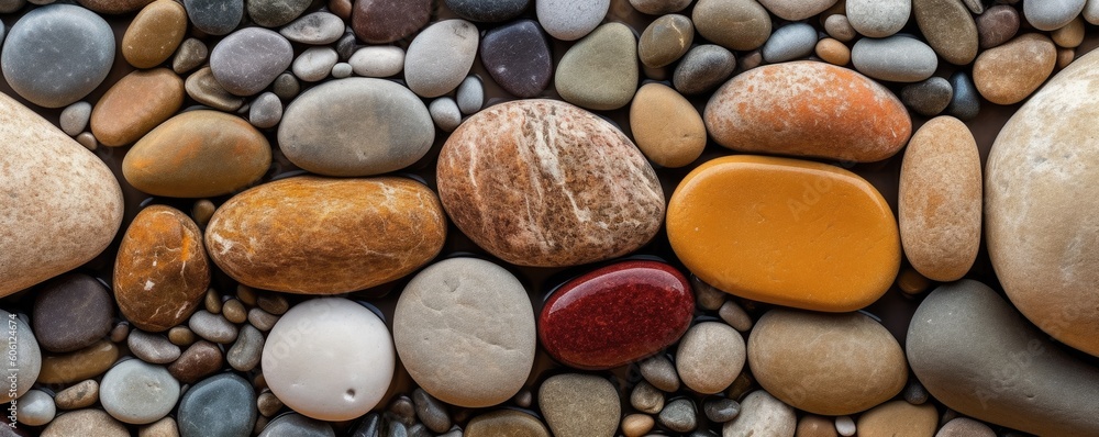 a top view of multi-colored river stones in a horizontal format, product backdrop, and Abtract-themed, photorealistic illustrations in JPG. Generative AI a top view of multi-colored river stones in a horizontal format, product backdrop, and Abtract-themed, photorealistic illustrations in JPG. Generative AI