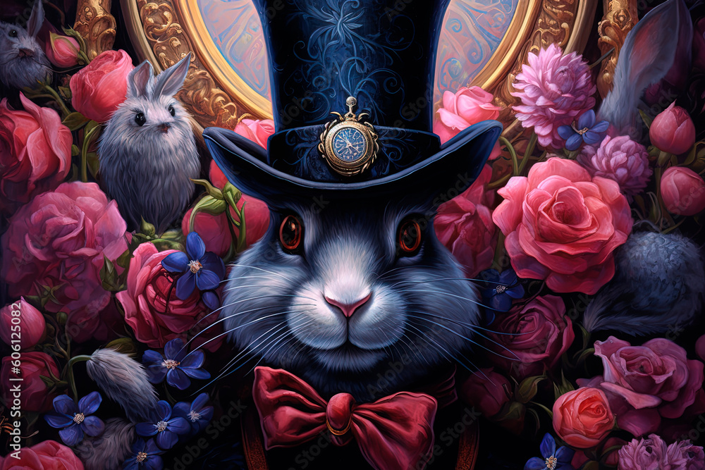 A black rabbit wearing a top hat surrounded by flowers. Generative AI