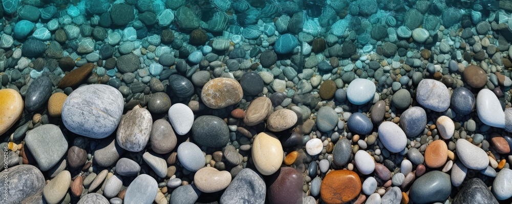 a top view of multi-colored river stones partially covered in aqua-colored water, in a horizontal format, product backdrop, Abtract-themed, photorealistic illustrations in JPG. Generative AI a top view of multi-colored river stones partially covered in aqua-colored water, in a horizontal format, product backdrop, Abtract-themed, photorealistic illustrations in JPG. Generative AI