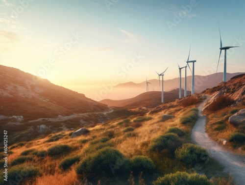 Wind turbines on beautiful sunny summer autumn mountain landsape. Generative AI