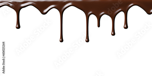 Pouring chocolate dripping from top, wide, isolated on white and transparent background, png