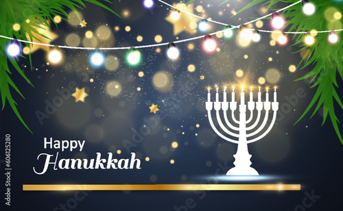 Hanukkah greeting card on a beautiful background with stars of David and an Israeli candlestick.
