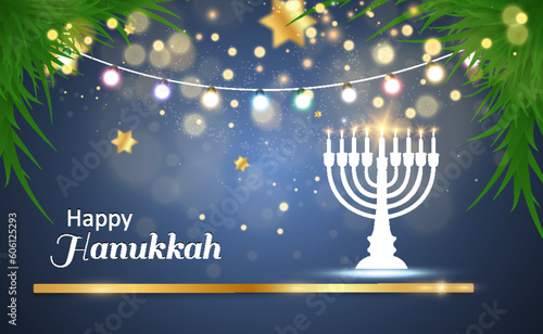Hanukkah greeting card on a beautiful background with stars of David and an Israeli candlestick.
