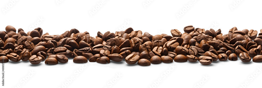 Panoramic coffee beans isolated on white and transparent background, png, wide, copy space Panoramic coffee beans isolated on white and transparent background, png, wide, copy space