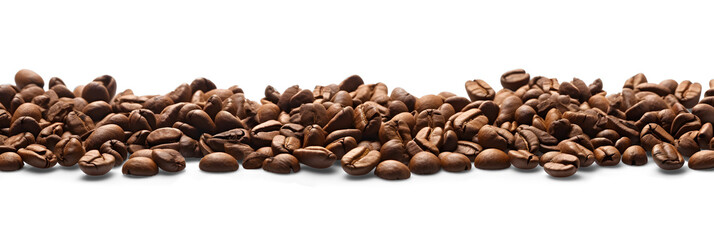 Panoramic coffee beans isolated on white and transparent background, png, wide, copy space