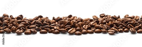 Leinwand Poster Panoramic coffee beans isolated on white and transparent background, png, wide,