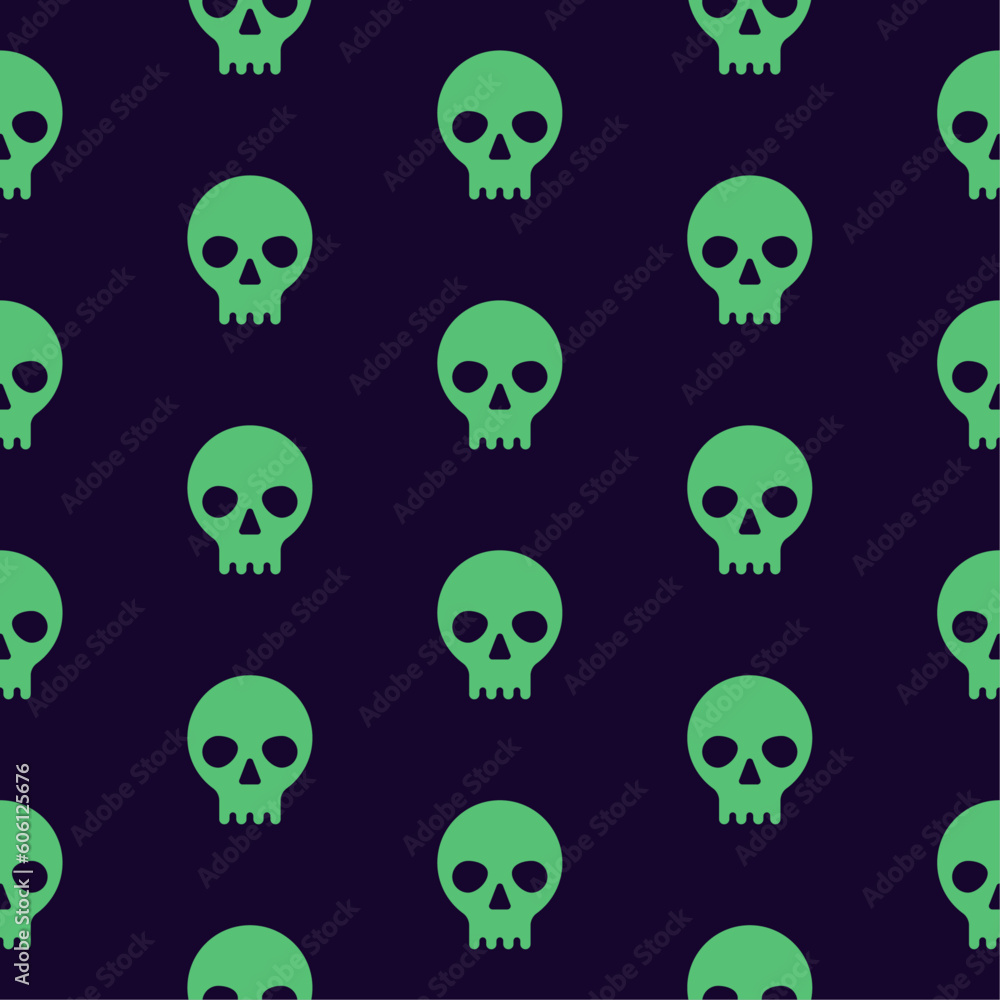 Obraz premium Seamless pattern on black background with neon green skulls. Can be used for Halloween cards, textile, print. Isolated vector.