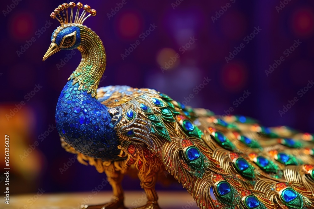 Obraz premium Jewel-Encrusted Beauty Shinny Metallic Piece adorned with Colorful Gems reminiscent of a Peacock generative ai