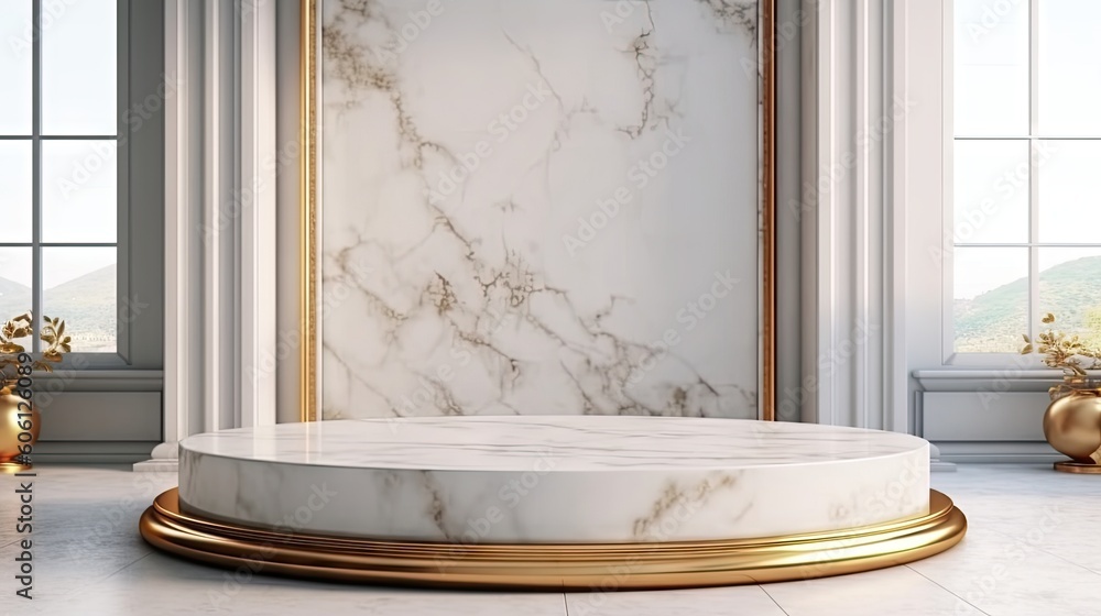 Round podium made of white marble. golden edges soft shadows generative ai Round podium made of white marble. golden edges soft shadows generative ai