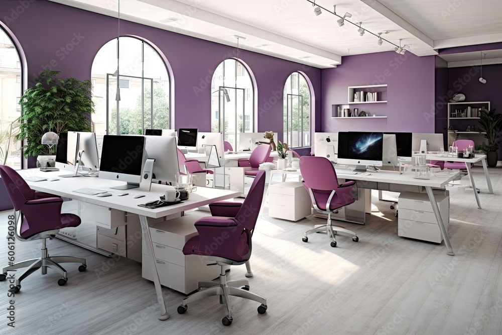 offices and coworking space collaboration white purple and grey colors generative ai
