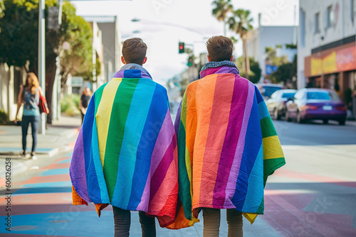 Rear view of a gay couple wearing a gay pride rainbow flag. Generative ai