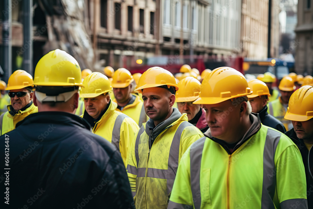 A group of men in yellow hard hats created with Generative AI technology A group of men in yellow hard hats created with Generative AI technology