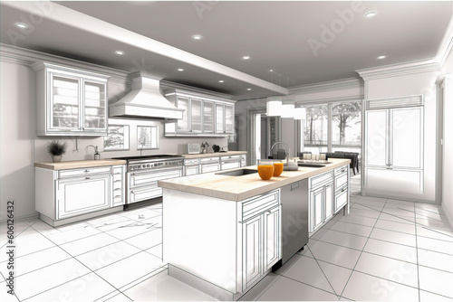 A drawing of a kitchen with white cabinets created with Generative AI technology