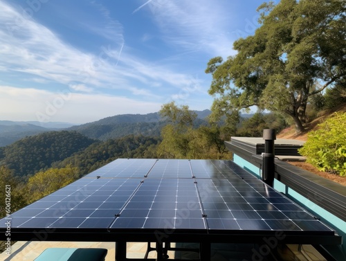 Modern house with blue solar panels on the roof. Generative AI